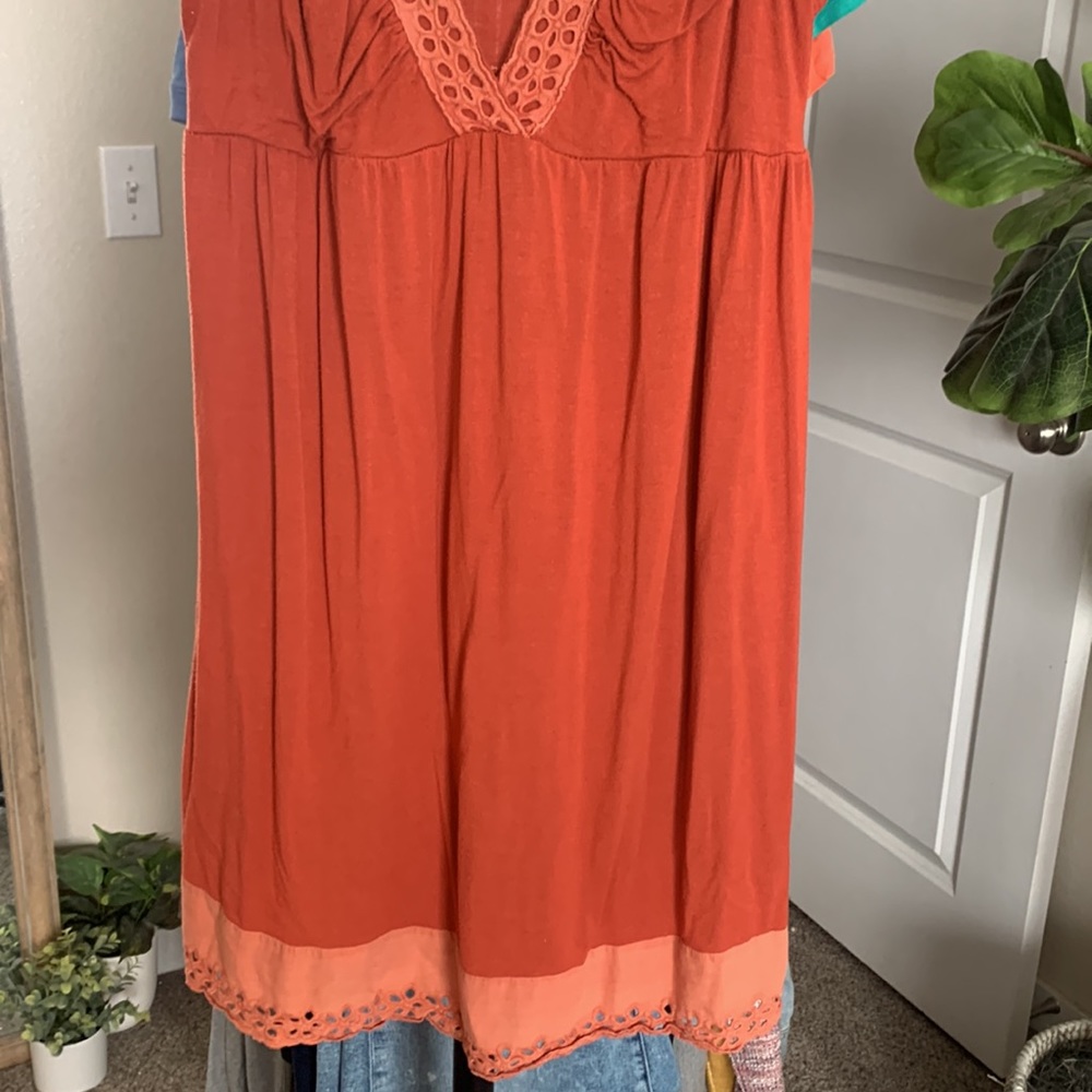 BlueHeaven babydoll rust color mini dress boho beach lace trim size Lg (juniors) - Picture 3 of 7
